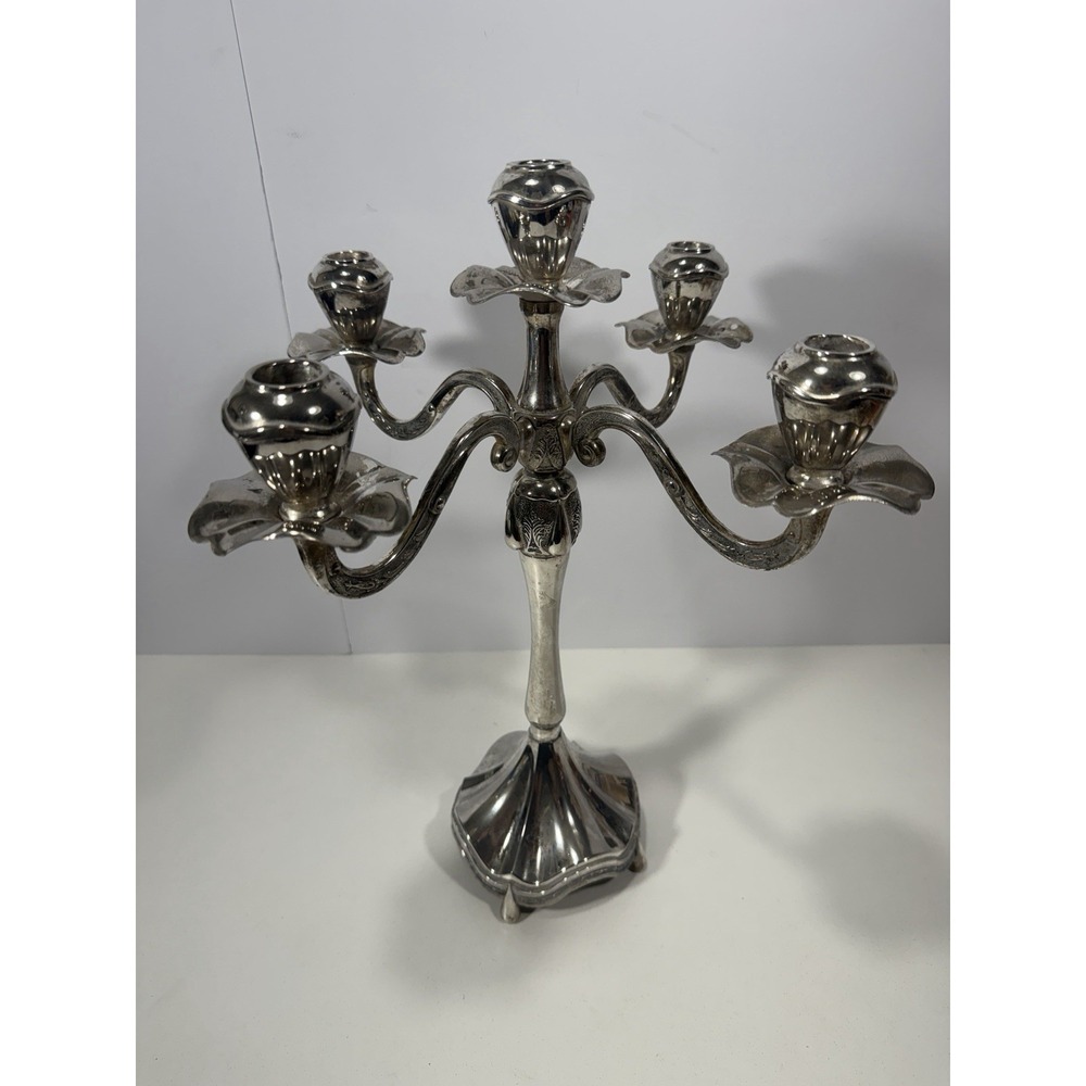 Vtg MCM Flower Silver Art Co Elegant Candelabra 5 Candle Holder 17" Tall
